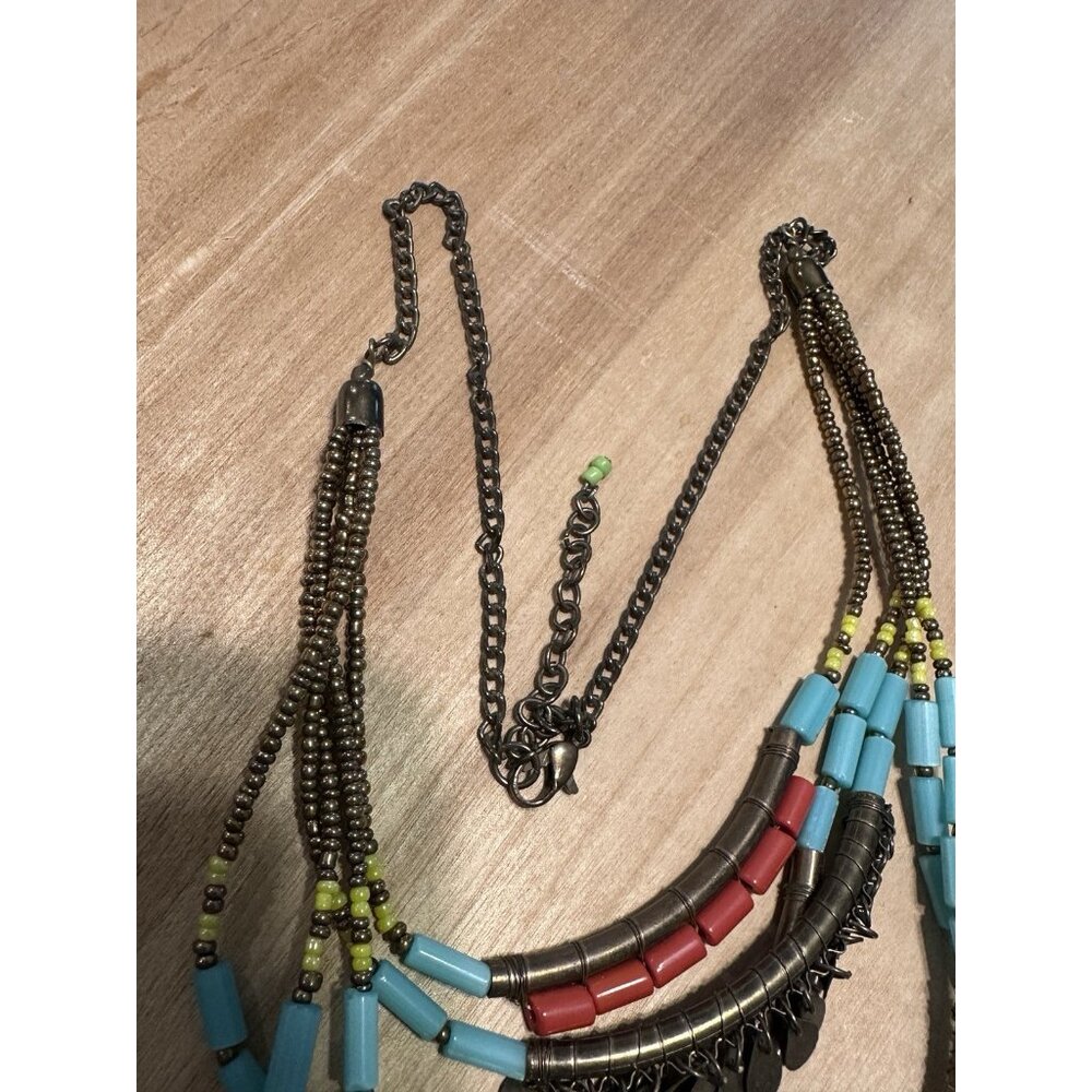 Boho Multicolored Seed Bead Layered Bib Necklace Antique Bronze Statement - Picture 5 of 6